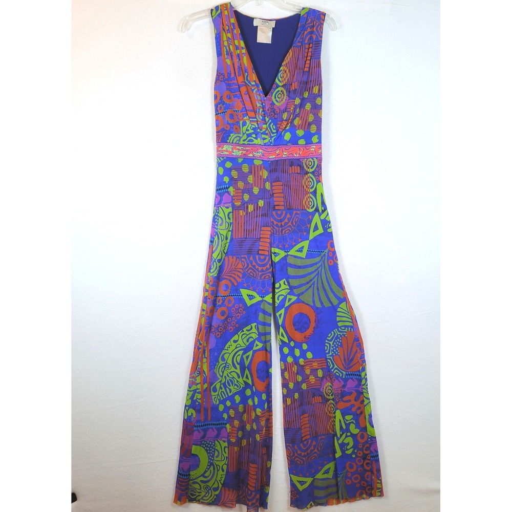 Fuzzi Womens Jumpsuit Abstract Geometric Mesh Wide Leg Size Small Blue 70s